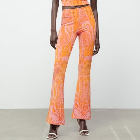 NWT Zara Jacquard Pink and Orange Paisley Flare Pants - Picture 1 of 5
